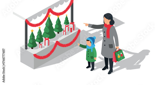 Isometric holiday shopping scene with mother and child at christmas market stall