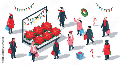 Festive holiday shopping scene with poinsettias and winter attire in isometric style