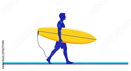 Silhouette man walking with yellow surfboard under his arm on blue surface, representing beach or surf lifestyle