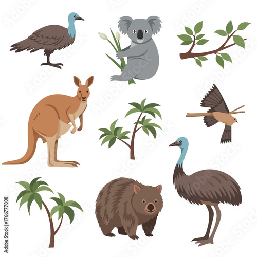 Collection australian animals and plants, including kangaroo, koala, emu, wombat, and various trees