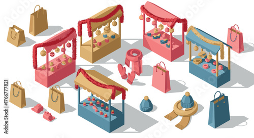 Festive market stalls and winter accessories in isometric style for holiday shopping vibes