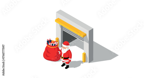 Isometric santa preparing for delivery with festive gift bag by the door