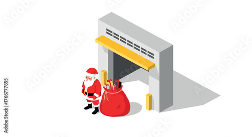 Santa claus delivery at warehouse door with gift bag in isometric style