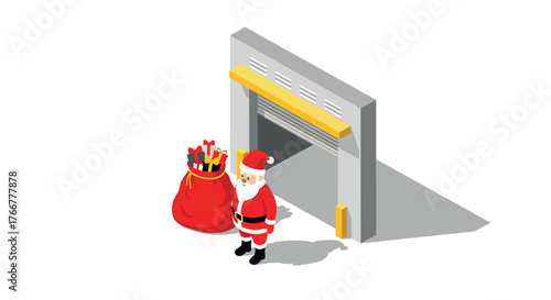 Isometric santa claus at warehouse with gift bag for christmas delivery concept