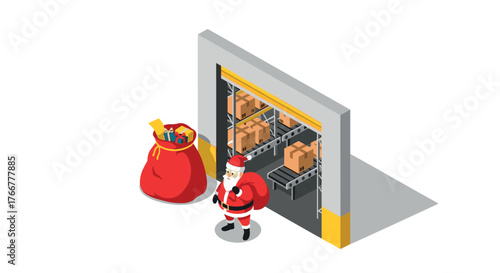 Santa in warehouse with gift sack and packages in isometric holiday scene