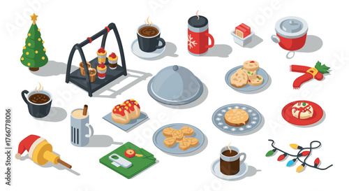Festive holiday treats and warm drinks in isometric style