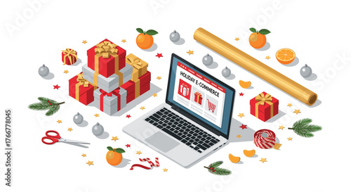 Holiday online shopping concept with gifts and laptop in isometric design