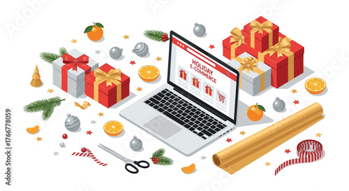 Festive online shopping scene with laptop gifts and holiday decor