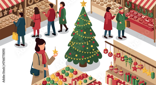 Festive christmas market scene with tree and shoppers in cozy winter attire