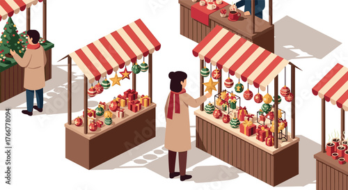 Christmas market scene with stalls and decorations in isometric style
