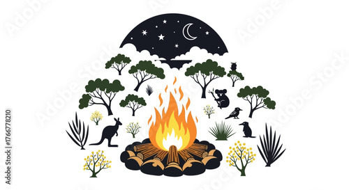 Australian outback scene at night with campfire, trees, and native animals like kangaroos and koalas