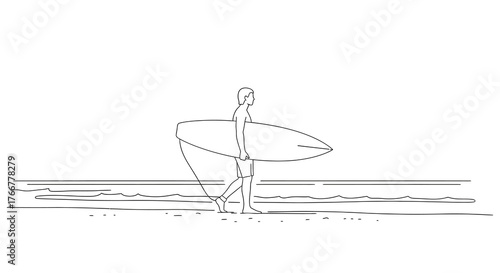 Minimalist line drawing surfer walking along beach with surfboard under his arm, showcasing solitary figure against the backdrop the ocean and shoreline