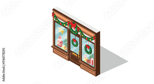 Festive isometric shopfront with christmas garland and holiday gifts display