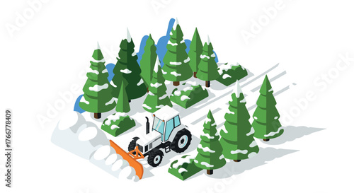 Snow plow tractor clearing forest path in isometric winter scene with evergreen trees