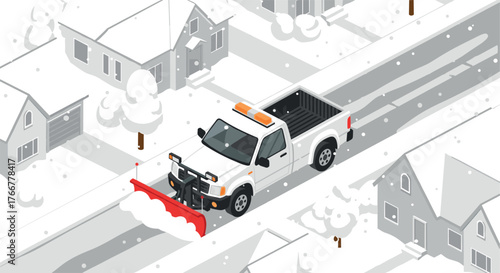 Snow plow truck clearing residential street in winter isometric scene