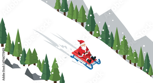 Santa on a sled in snowy pine forest isometric winter scene