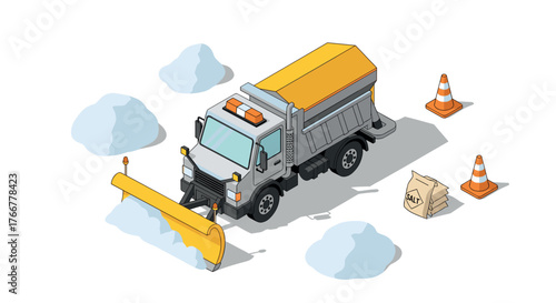 Snow plow truck in isometric style with traffic cones and snow piles