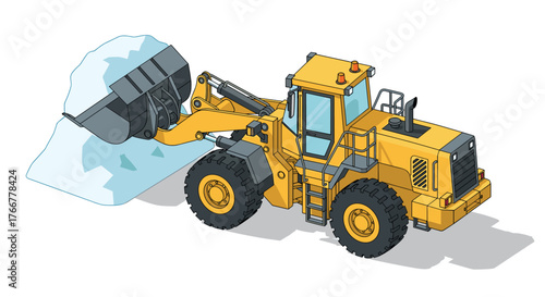 Isometric yellow bulldozer with snow load on white background