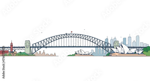 Panoramic the sydney skyline featuring the iconic sydney harbour bridge and sydney opera house, with city buildings in the under clear sky