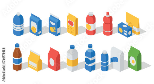 Colorful isometric packaging set with various food and drink containers