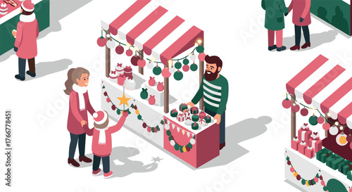 Festive holiday market scene with colorful decorations and shoppers