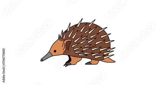 Stylized cartoon echidna with prominent spines, isolated on clean, showcasing unique australian monotreme mammal known for its distinctive appearance and natural defense mechanisms