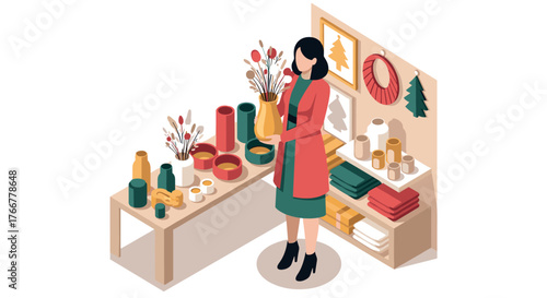 Isometric art store display with woman arranging home decor and colorful accessories