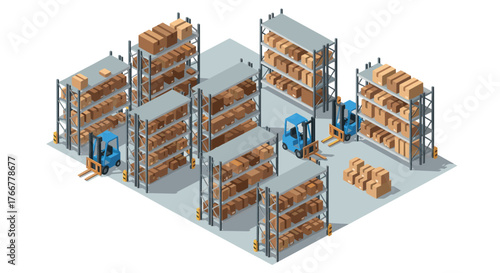 Isometric warehouse storage with forklifts and shelves in a modern logistic center