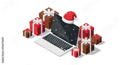 Festive laptop with santa hat surrounded by christmas gifts in isometric style
