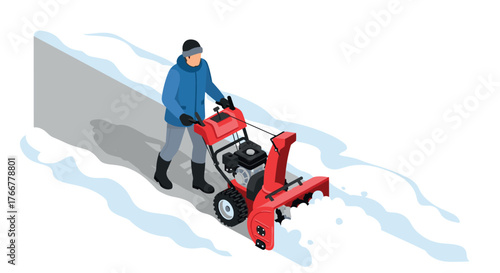 Isometric winter scene with person operating snow blower on icy pathway