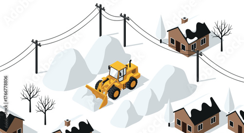 Snow-covered village with bulldozer in isometric winter scene