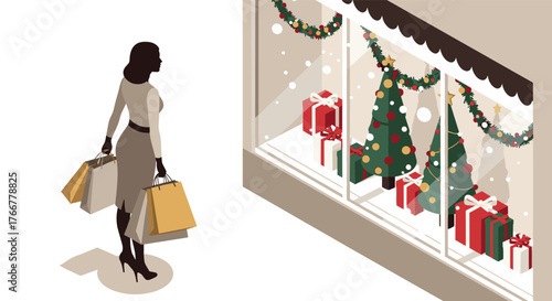 Isometric christmas shopping scene with silhouette woman and holiday decor