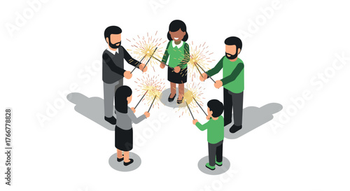 Celebratory gathering with sparklers in isometric style
