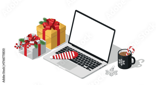 Festive workstation with laptop, gifts, and hot chocolate in isometric style