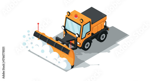 Isometric snow plow truck clearing snow in winter