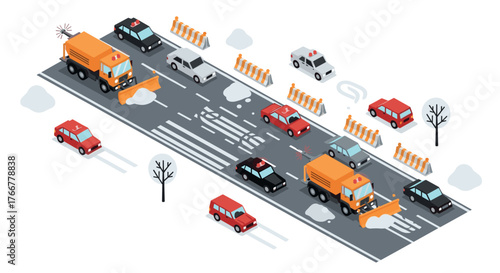 Isometric winter traffic scene with snowplows and cars in urban environment