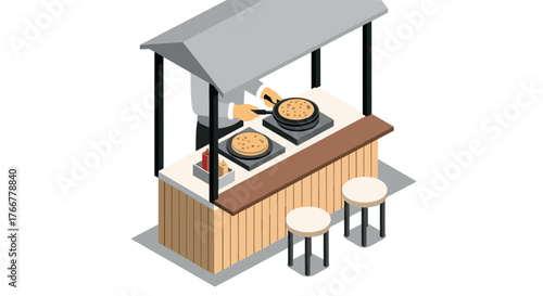 Isometric street food stall with crepe maker and stools