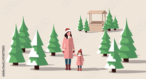 Family christmas tree farm outing in minimalistic style
