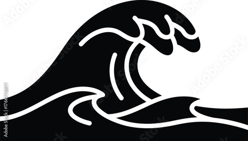 Stylized black and white silhouette of a crashing ocean wave