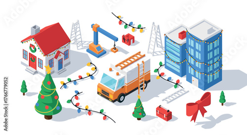 Festive holiday construction scene with buildings, crane, and decorated christmas tree in isometric style