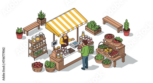 Isometric farmers market scene with vendor, fresh produce, and customer interaction