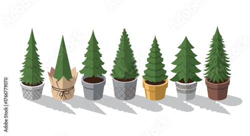 Variety of potted christmas trees in decorative planters