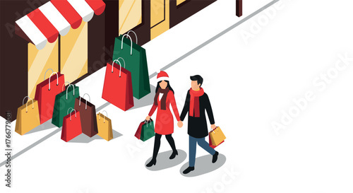 Festive shopping scene with couple walking near storefronts and colorful bags