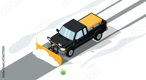 Snow plow truck in isometric style clearing road in winter landscape