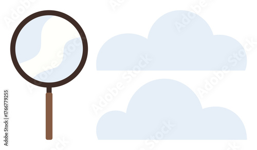 Magnifying glass placed near clouds implies focus, discovery, or scrutiny. Ideal for data analysis, weather prediction, cloud storage, technology, observation science and curiosity. Simple flat