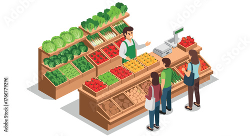 Isometric market scene with customers and vendor at fresh produce stall