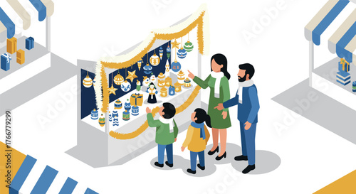 Family shopping for christmas ornaments at outdoor market stall in winter