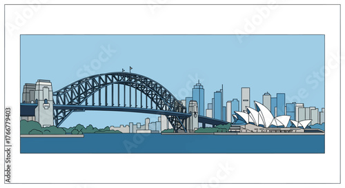 Panoramic the sydney skyline featuring the iconic sydney harbour bridge and sydney opera house, set against clear blue sky and calm water