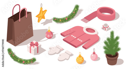 Festive holiday elements in isometric style with sweater, gifts, and decorations
