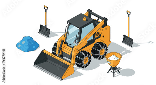 Compact loader with accessories: skid steer, buckets, and safety equipment in isometric style